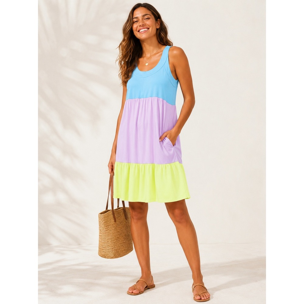 Lug Flare Colorblock Tiered Mini Dress Blue Lavender Lime Pockets Recycled S